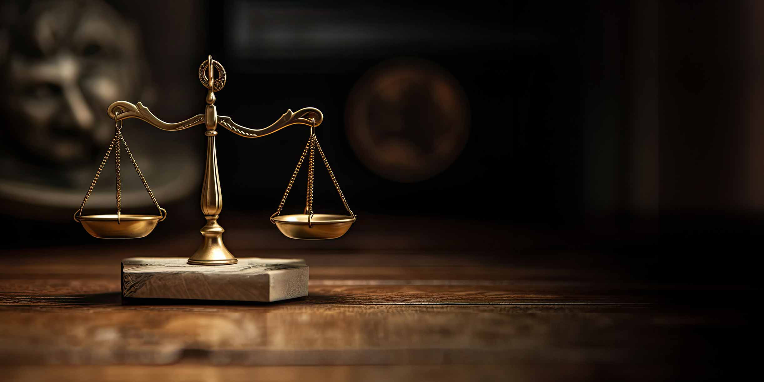 Scales of justice on wooden desk. Dagger Law, Lancaster, Ohio